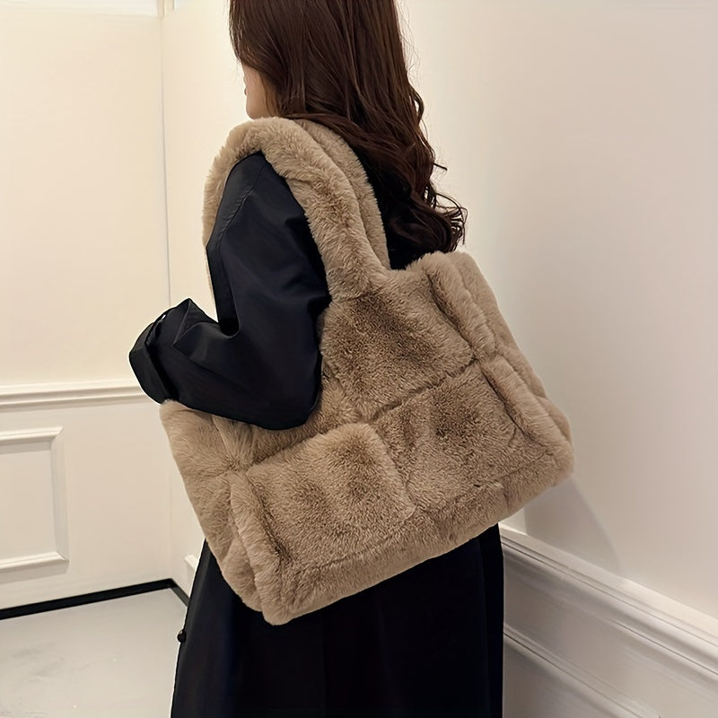 Chic Faux Fur Shoulder Bag for Women - Spacious & Versatile, Magnetic Closure, Faux Leather Lined - Available in Pink, Deep Brown, White, Black